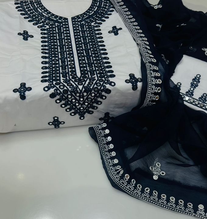 Most Beautiful woman Luxury Dresses  Stuff cotton   Cross stitch 9 mm embroidery  dopatta krincle shafoon 9 mm cross stitch karhai    3 PC