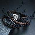 4-Piece Men’s Leather Wrap Bracelet Set – Vintage Tree of Life & Wood Beads. 