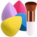 Miss Rose - Pack 2 Makeup Foundation Brush Kabuki With Beauty Blender Sponge Puff. 