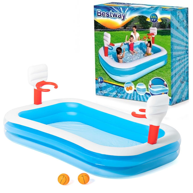 Bestway 54122 Basketball Inflatable Play Swimming Pool 8 Ft For Kids 87 Inch Inflatable Rectangular Large Kids & Family Swimming Pool With Basketball Summer Season Pools Party With Inflatable Vinyl Deep Swimming Pool With Play Basketball Indoor Pool
