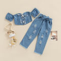 Brondwell Kid Girl Denim Outfits Sets, Off Shoulder Short Sleeve Lacing Crop Tops with Ripped Jeans. 