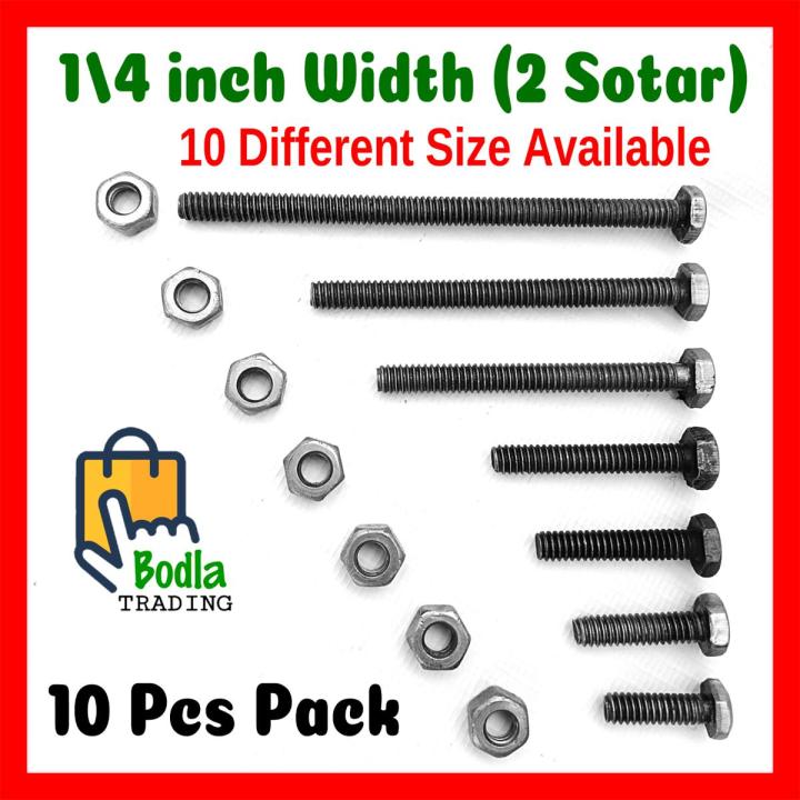 10Pcs Pack 1/4 inch Width, (2 Sotar) Black Hexagonal Nut and Bolt Screw Nut Bolt 10 Different Size Available