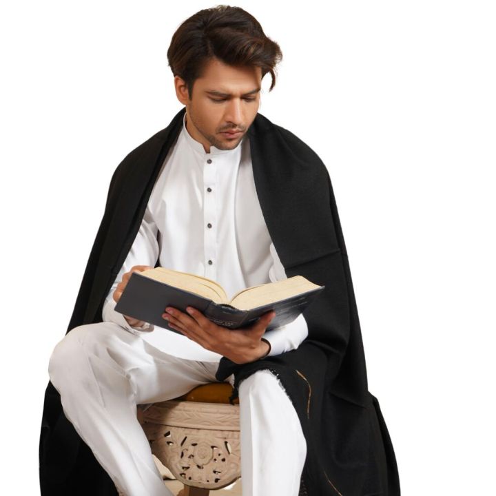 Premium Quality White Shawl For Men - Kashmiri Dhussa Shawl For Men - Winter Shawl Chadar For Men -White