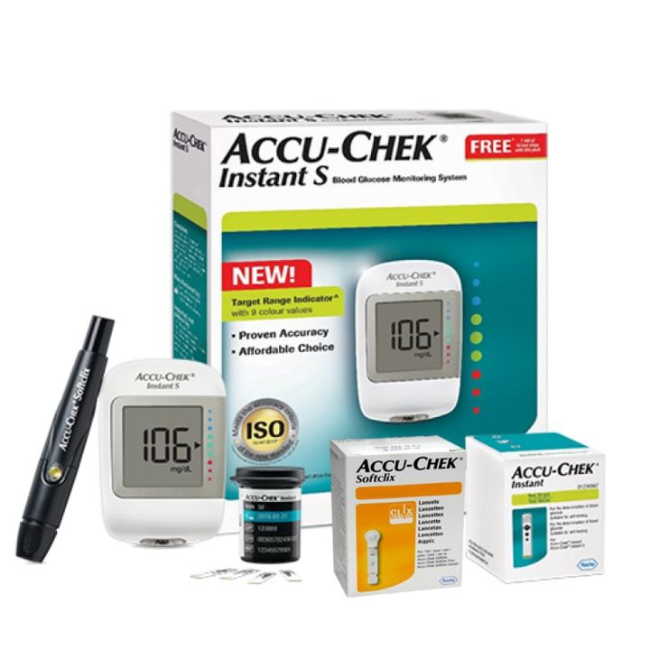 Accu Chek Instant S Sugar Meter with 10 free strips + 50 more strips + 50 Niddle Box.