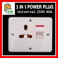 3 in1 Universal 3 Pin Power Plug Socket Multi Plug Socket Wall Socket Plate- 500 Volts /40 Amp High Quality Specially for AC, Water Pump. 