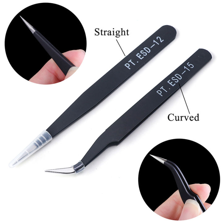 Tweezers for Electronics, Straight and Curved Tip Tweezers Nippers Set