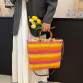 Straw Handbag Casual Multicolor Woven Tote Bag Retro Striped Shoulder Bag for Beach Holiday Commute Women. 