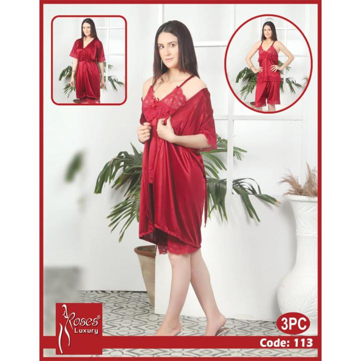 3 Pcs Maroon Satin Silk Long Gown Set for Women Ladies Sleepwear Night Dress For Women