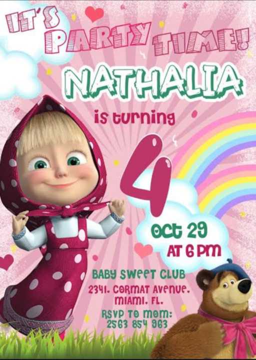 Pack of 6 Masha and Bear Theme Birthday Invitation card, Editable Birthday Party Invitations,
