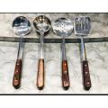 Spoons - Set of 4 Stainless Steel and Wooden Kitchen Cooking Spoons for Stirring Serving Frying Holding Multipurpose Use [pack of 4 27 cm length]. 