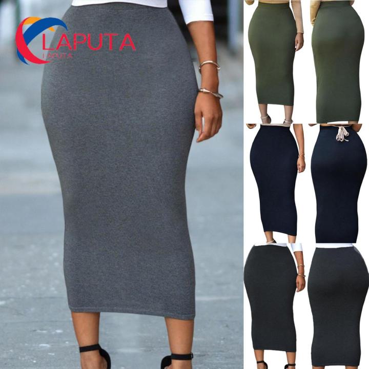 Lady Winter Skirt Solid Color Mid-calf Length Sheath Skirt