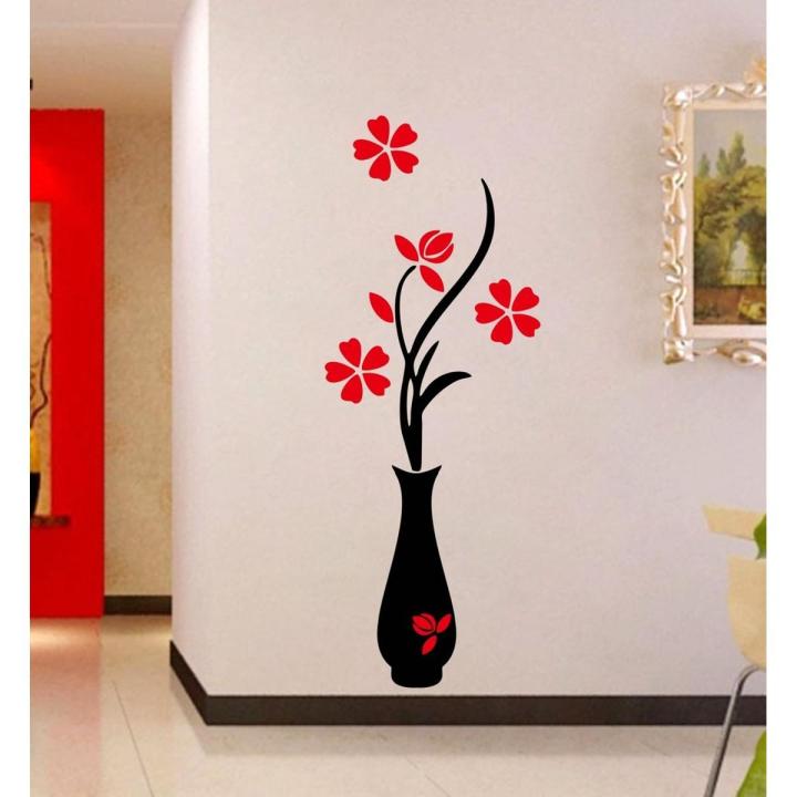 Wooden Wall Sticker Acrylic 3D Plum Flower Vase Wall Stickers Home Decoration Wall Decal Red Floral DIY Poster Stickers