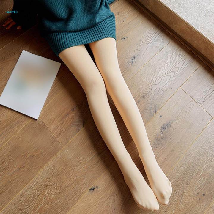 Fleece Lined Tights Stockings for Women Translucent Fleece Winter Warm Tights High Waist , Skin Color, 300g With feet