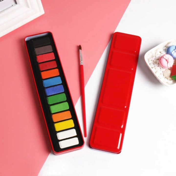 12 Colors Portable Solid Watercolor Set Drawing Paints Red Iron Box Watercolors Art Supplies Pigment