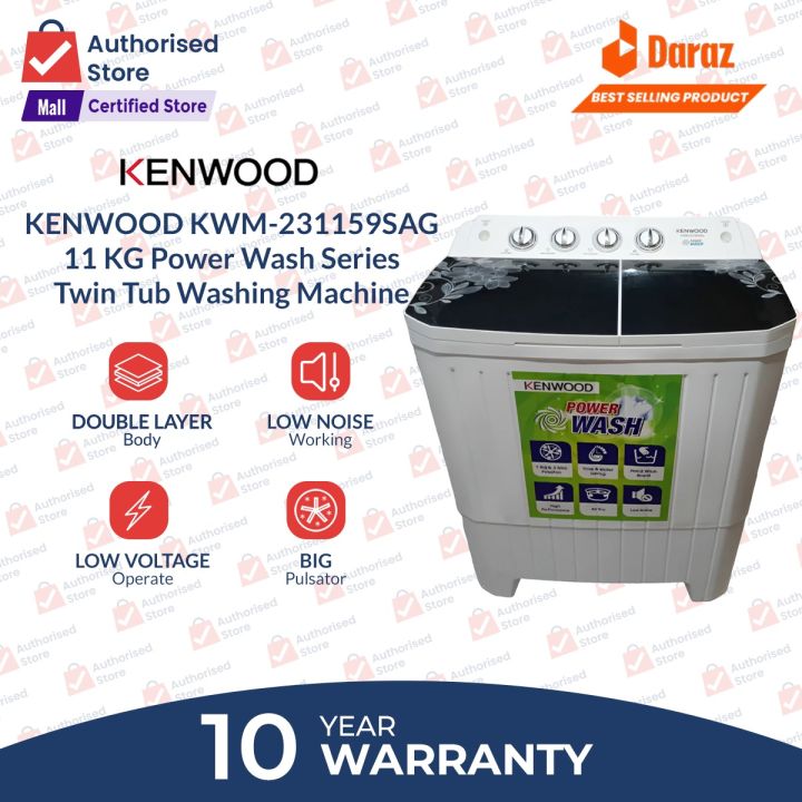 Kenwood Washing Machine Twin Tub | Model KWM 231159 SAG | 11 KG | Top Load | Power Wash Series | Glass Lid | Double Layer Body | Low Voltage Operate | Big Pulsator | Rust Proof Body | 10 Years Warranty