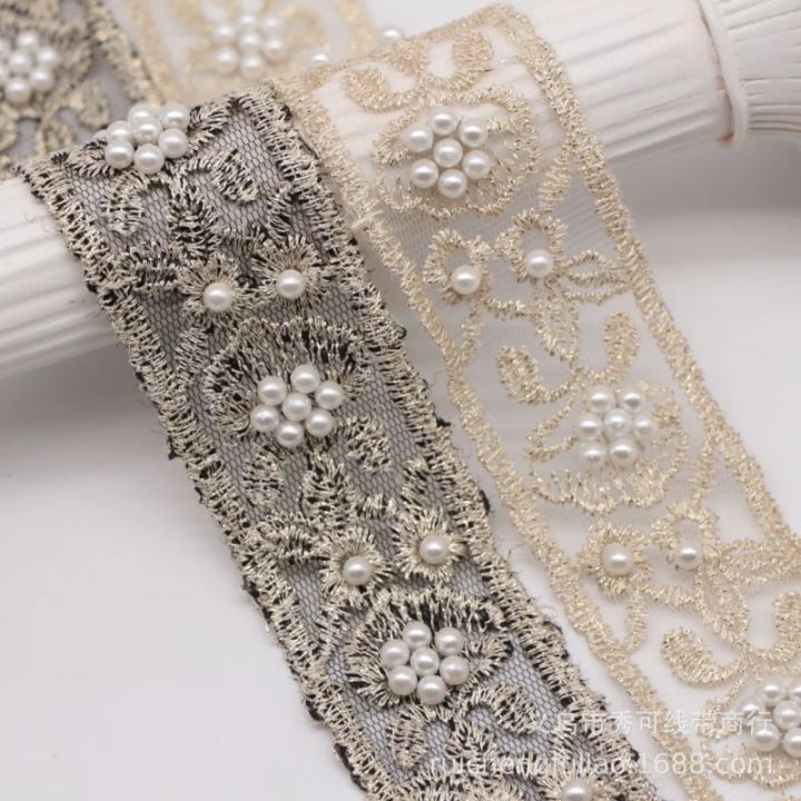 1 yards 40mm Ethnic Beaded Embroidery Organza Ribbon for Diy Headwear Accessories Clothing Dress Pearl Lace Decoration