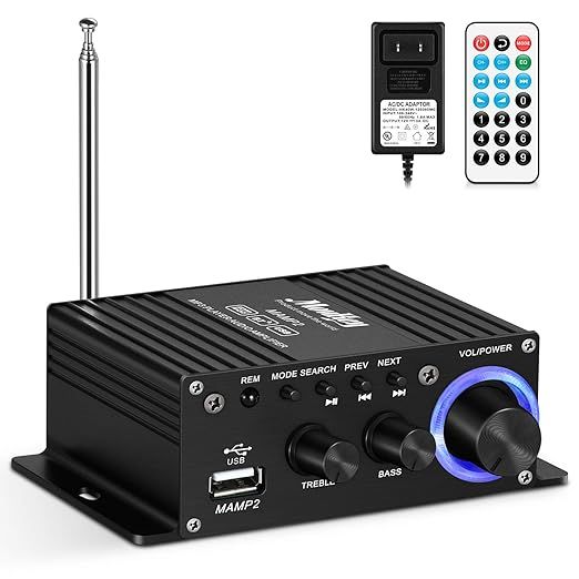 Moukey Portable Home Audio Amplifier, Mini Stereo Amplifier Bluetooth AMP - 2 Channel Wireless Audio Receiver, 50W Peak Power with AUX, USB, FM for Desktops Car Ceiling Wall Small Bedrooms Power Speakers - Remote Control (MAMP2) uk import a1592
