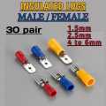 30 pair Male / Female MIX SIZES Insulated lugs Brass, control thimbles, Cable Lugs, Wire Terminals 1.5mm, 2.5mm and 4mm to 6mm , horan type. 