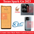 Tecno Spark Go 2023 Matte Glass Protector Ceramic Glass + Back Protector Carbon Fiber Matte Soft Skin Sheet + Back Rear Camera Protector 9H Gorilla Flexible Protection For Tecno Spark Go 2023. 