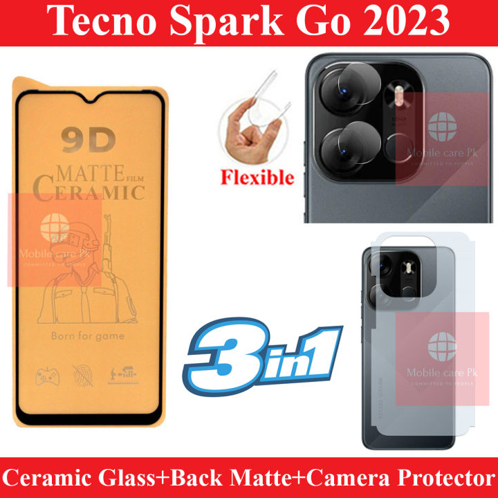 Tecno Spark Go 2023 Matte Glass Protector Ceramic Glass + Back Protector Carbon Fiber Matte Soft Skin Sheet + Back Rear Camera Protector 9H Gorilla Flexible Protection For Tecno Spark Go 2023