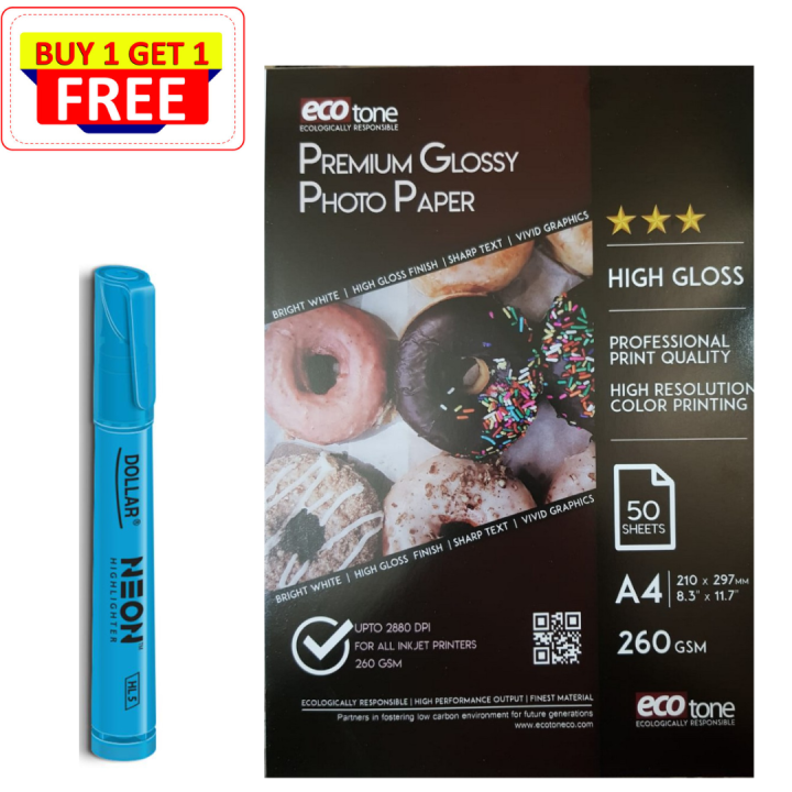 Buy 1 Get 1 Free With 1 Ecotone Glossy Photo Paper A4 size 50 sheets 260g Get 1 Highlighter Free- Premium High Glossy Photo Paper-Get RS 200 Voucher After Purchase