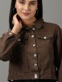 Spread Collar Crop Brown Denim Jacket. 