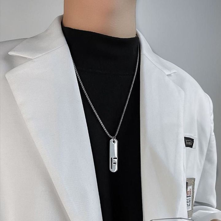 Fashion Unique Charm Fade Free Titanium Steel Rectangle Pendant Couple 26 A-Z Letters Fashion Jewelry Style Necklace Sweater Chain Men Necklace
