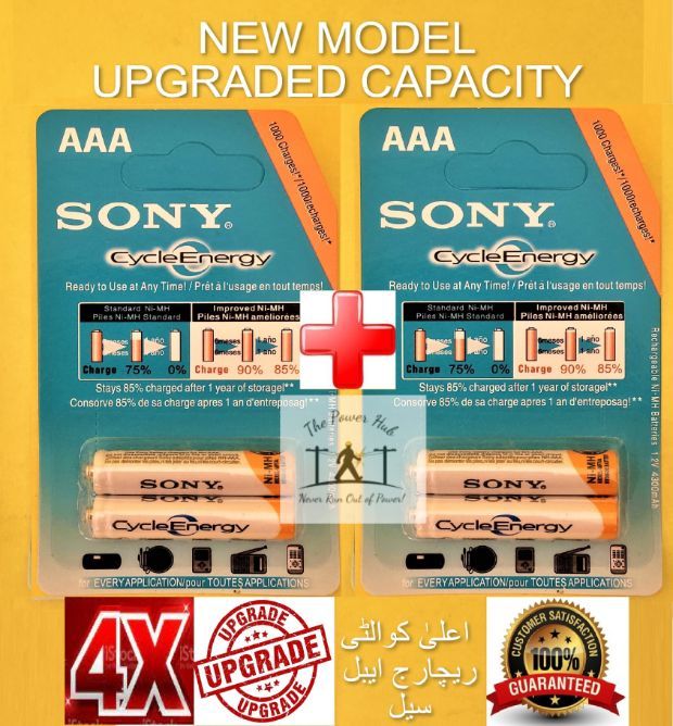 4x AAA Rechargeable Battery Cell PENCIL SIZE Imported Sony Cycle Energy NiMH Pack of 4 -1.2v 4300mAh 1000 Cycles Batteries Cells