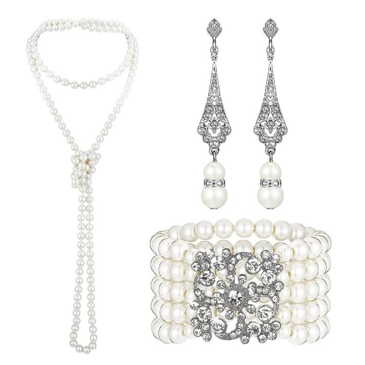 Faux Pearl Earrings 1920s Vintage Luxury Pearl Jewelry Set for Formal Events Necklace Earrings Bracelet Perfect for Parties Weddings Celebrity Style Faux Pearl Necklace