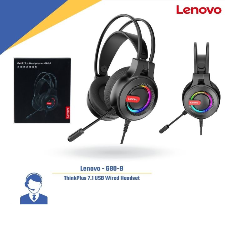 Lenovo G80-B Head-mounted Gaming Headphone Noise Reduction Usb Headset Channel with RGB Lamp Effect  Gaming Headset 7.1 Channel Gaming Head-mounted Earphone with 50mm Dynamic Coil RGB Brilliant Lighting Noise Reduction Ear buds for PC Steam pro Gamer