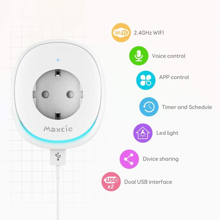 4 in 1 Maxcio Smart Wifi Socket Switch 2200W 10A with 2 USB Ports 2.1A and Smart Lamp, Smart Timer Switch, Smart Wlan WiFi Socket, Intelligent Smart Plug, Compatible with Alexa Google Home, App Control, Timing Function - 4 Switch per Pack