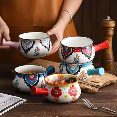 Random Color/Print Bowl Ceramic Bowl with Handle, Cute Ceramic Bowl, Korean Bowl With Handle, Microwave Heating Bowl Instant Noodle Bowl Soup Bowls with Handle, Soup Bowl, Oven Bowl, Microwave & Dishwasher