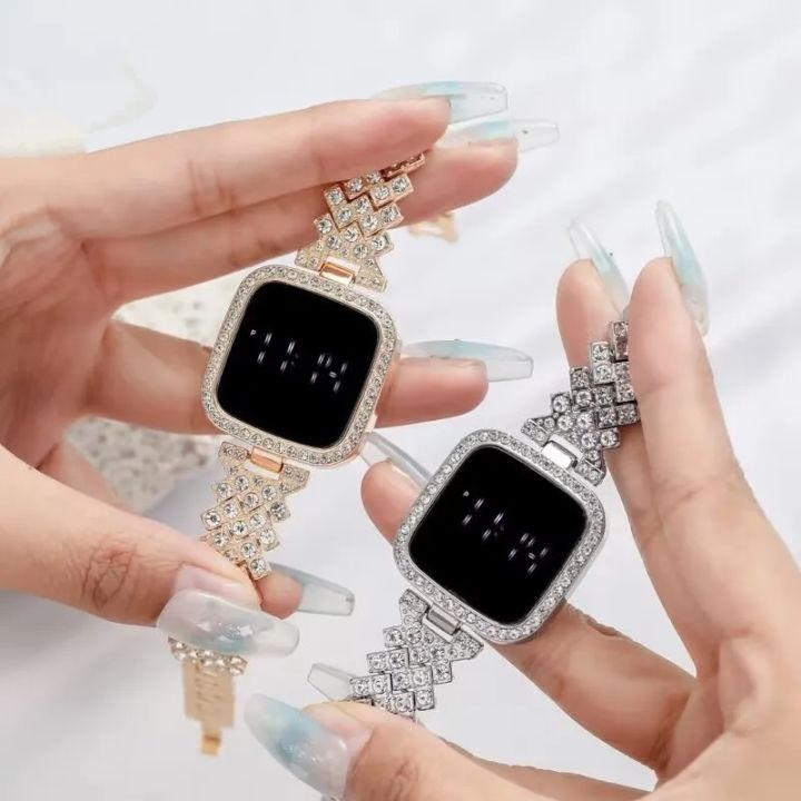 Full Diamond Touch Screen LED Watch Steel Chain with Diamonds Ladies Watches For Female Women Girl