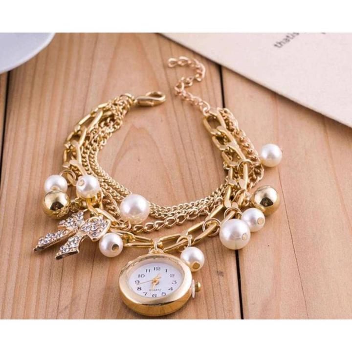 Stylish Golden Watch Pearls Bracelet Watch for Girls-Women Watches