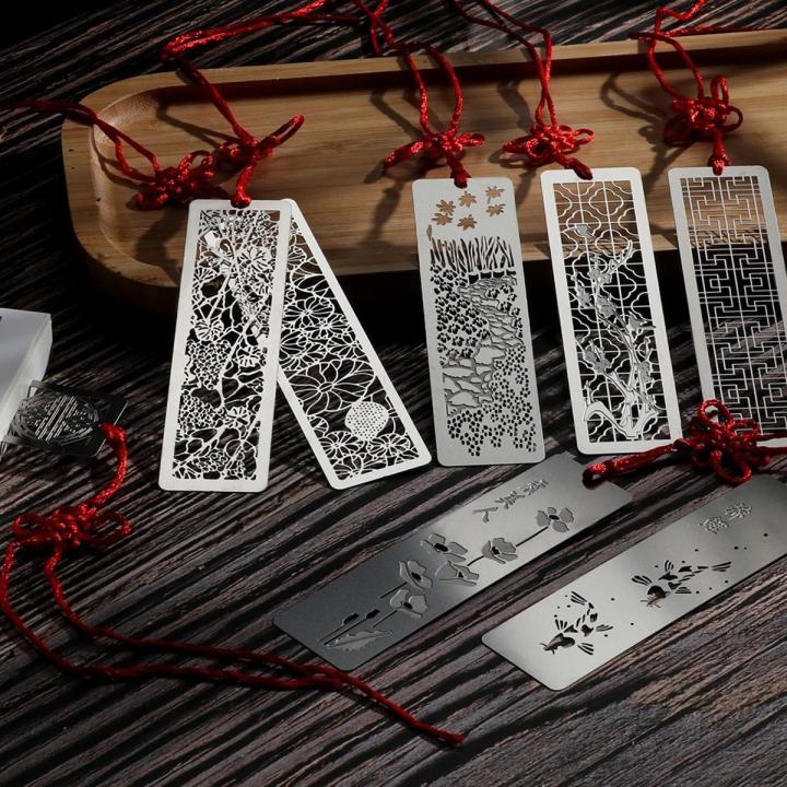 Stainless Steel Bookmarks Hollow Metal Bookmarks Tasse with Red Knot for Kids Students Gift School Supplies