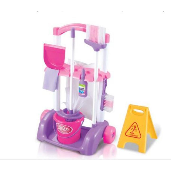Little Helper Cleaning Trolley Cart  Pretend Play Cleaning Toy Play Set with Cart, Broom, Mop, Bucket, Dust Pan, Brush, Cleaning Rag, Mock Soap Bottle