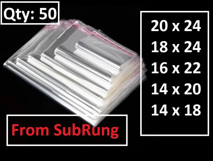Best 50 Qty Transparent Plastic Poly Bag In 5 Sizes- PP Bags -BOPP- Cellophane-Bags With Adhesive Sealing- Reusable- Perfect For Packing N Securing Of Clothes Jewellery Food And Many Different Items- Gift Packing- Many Other Sizes Also Available- SubRung