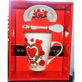 Beautiful Gift Pack Coffee Cup / Tea Mug with Spoon & Cupcap Lovely Red Heart Print. 
