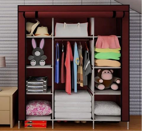 3 Door fancy and portable closet wardrobe storage organizer with shelves for multipurpose No-voven Fabric storage shelf | lightweight 3 door assemble plastic portable wardrobe