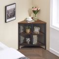 Corner Storage Cabinet Wooden Shelves, Free-Standing Organizer for Compact Space in Living Room/Bedroom/Entryway/Kitchen, Two Mesh Doors, Brown. 