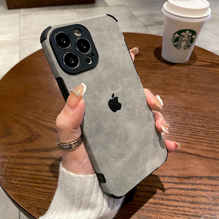 CrashStar With Logo Leather Fur Soft Shockproof Phone Case For iPhone 16 15 14 13 12 11 Pro Max Mini XS XR X 8 7 6 6S Plus + SE 2020 Simple Phone Casing Anti-fall Phone Cover With Full Cover Lens Camera Protection
