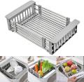 Kitchen Sink Adjustable Rectangular Strainer Drain Fruit Vegetable Dishe Black Basket Storage Rack Stainless Steel. 