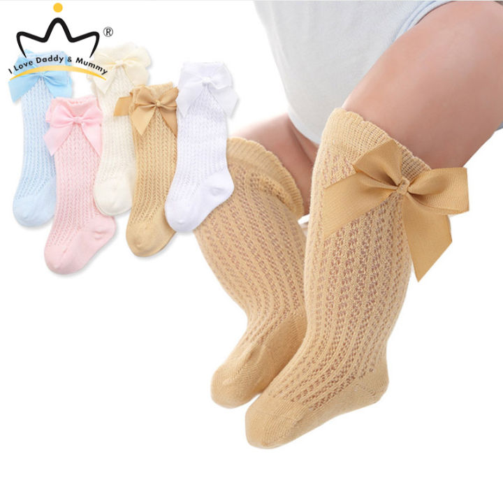 I LOVE DADDY&MUMMY-Cute Bowknot Baby Socks Cotton Bows Baby Girls Knee Socks Spring Summer Mesh Kids Infant Toddler Knee High Socks 0-2Y
