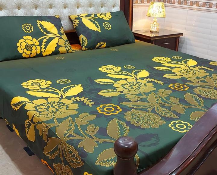 Green Bedsheet King Size Crystal Cotton with 2-Pillow Covers(3Pcs)