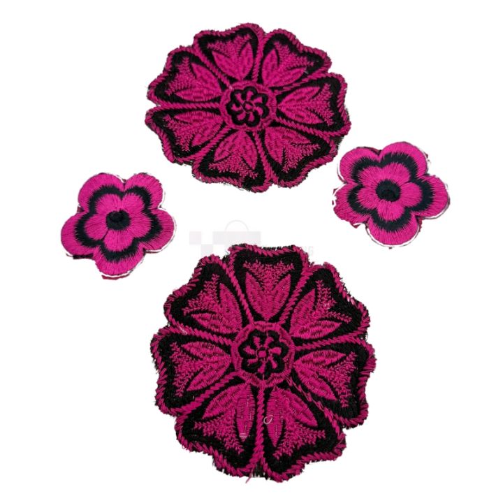 Elegant Pink & Black Embroidered Flower Appliques - Set of 4 (2 Large 3", 2 Small 1.6")