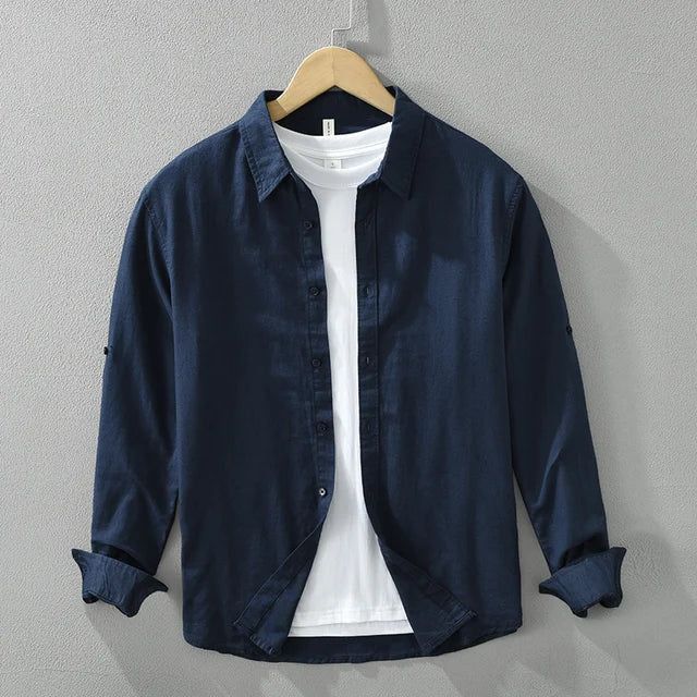 Men;s long sleeves navy blue shirt with under white T Shirt