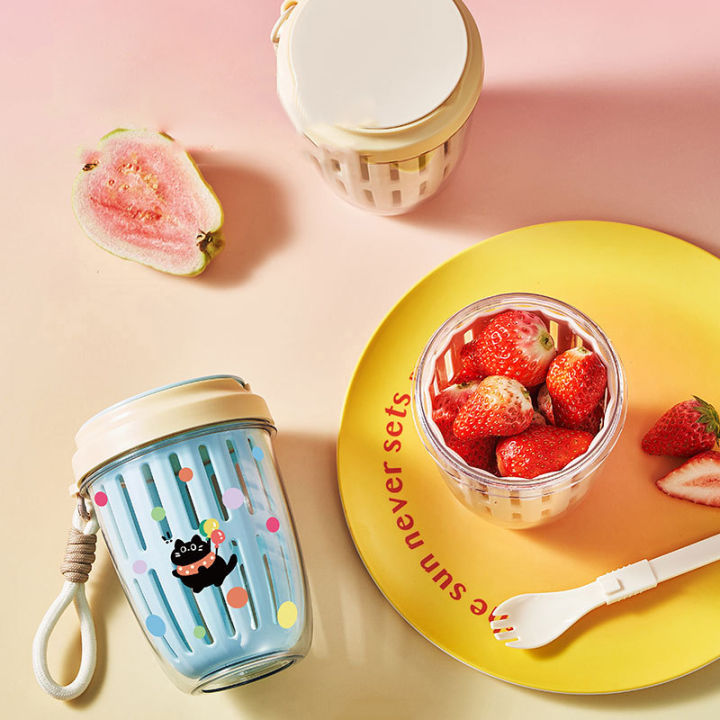 Cartoon Draining Fruit Cup Portable Salad Cup Breakfast Takeaway Picnic Yogurt Cup Portable Oat Cup Oats Snack Parfait Container