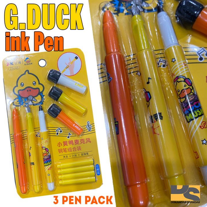 Cute Duck ink pen set of 3 pens with cartridges cute stationery for girls school and college use
