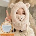 Cute Little Bear Scarf Hat Warm One Piece Hat Female Winter Student Lamb Hair Korean Version Hooded Mask Plush Hat. 