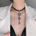 Vintage Multi-Layer Leather Choker Necklace Layered Strap Women's Collar Chain Bohemian Vacation Crystal Tear-drop Pendant Jewelry. 